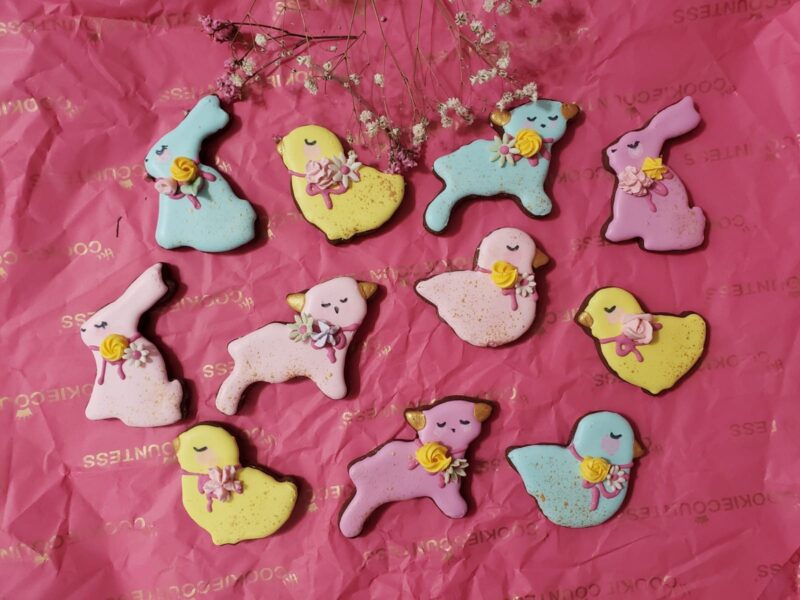 Easter mini cookies  children happy cookie  kids size  pastel floral natural ingredients from scratch bunny chicken sheep bird multicolor