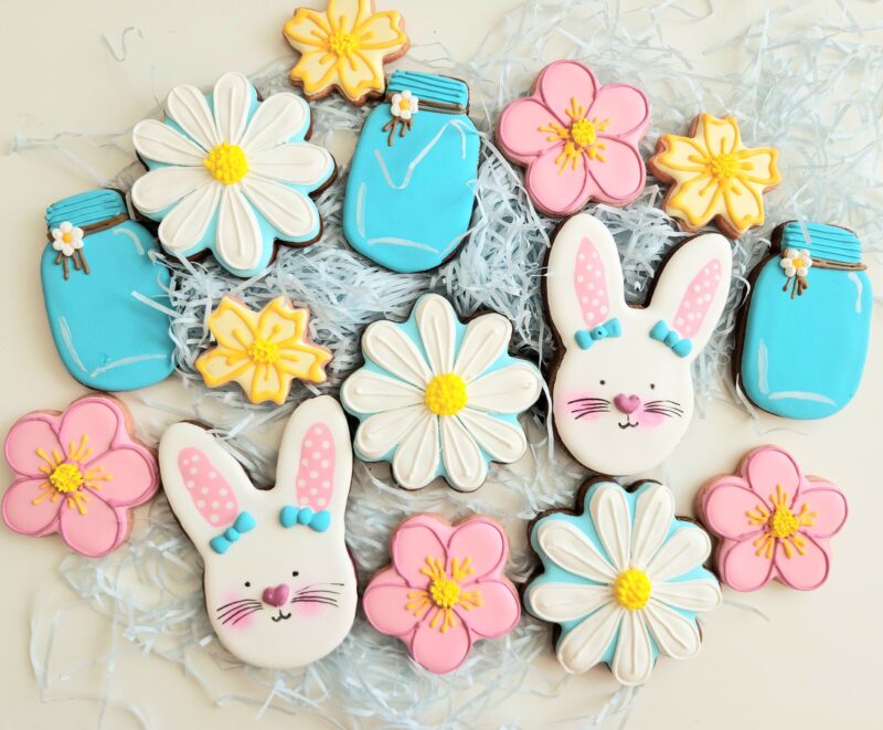 Easter shugar cookies happy bunny bait floral flower from scratch natural ingredients  softbite chewy pastel  pink blue white daizy jar