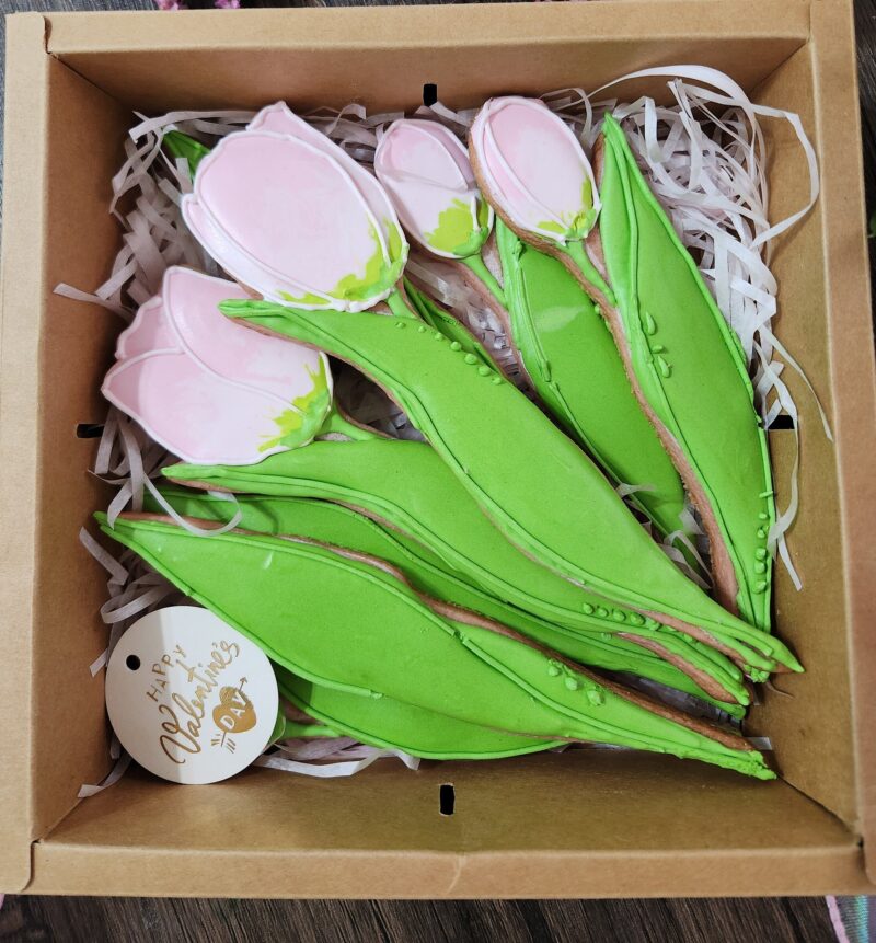 Tulips cookies  floral flower decorated cookie pink red white gift present to woman girl teenager box of flowers edible adorable nice - Image 6