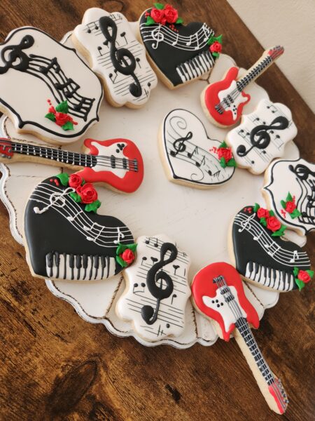 Music notes piano guitar shugar cookies set red white floral flower musician gift present best for music teacher