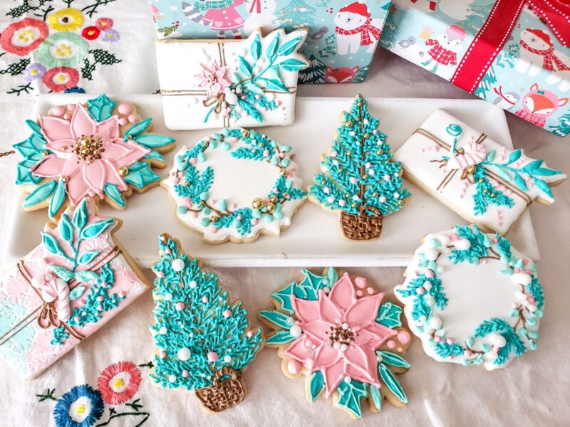 Christmas shugar cookies  christmas tree poinsettia  gift blue color from scratch hand painted customized gingerbread  vanilla