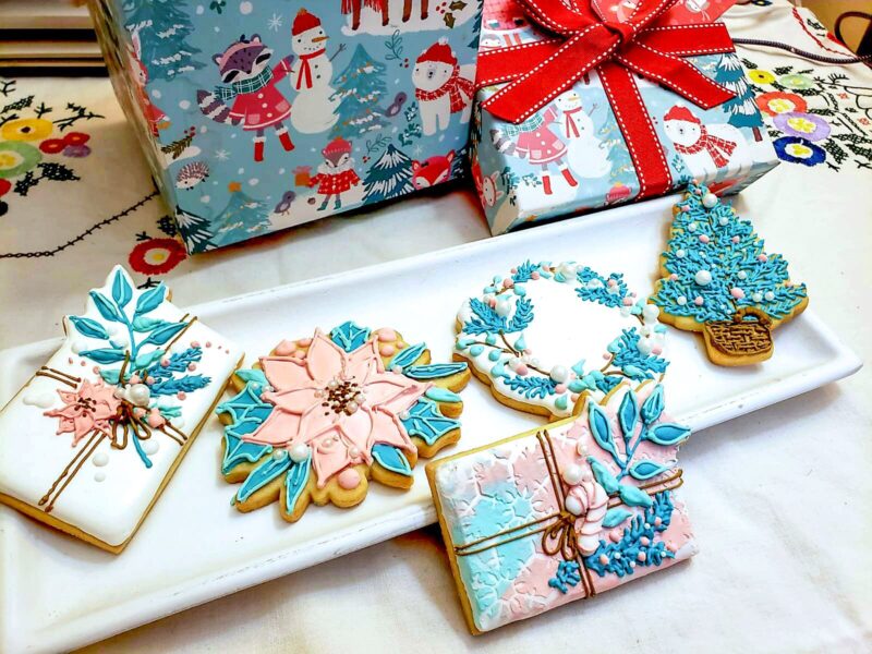 Christmas shugar cookies  christmas tree poinsettia  gift blue color from scratch hand painted customized gingerbread  vanilla - Image 2
