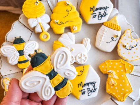 Bee cookies mommy to be baby shower gender neutral reveal party boy or girl little bee on the way