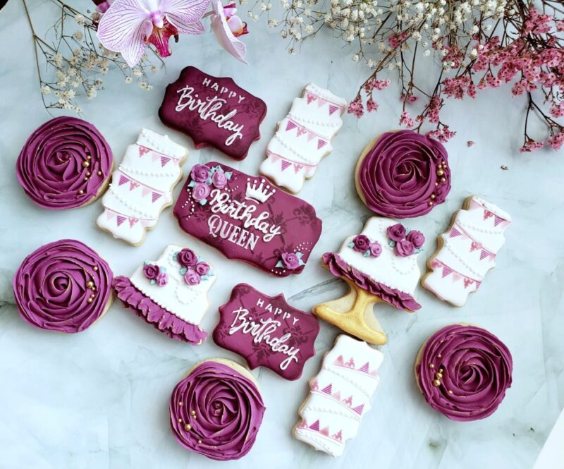 Happy birthday queen shugar cookies  white  purple  floral flower cake on stand gift present to woman girl mother - Image 8