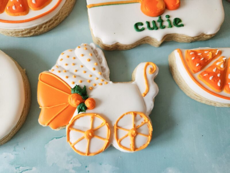 Mommy to be little cutie  on the way baby shower gender neutral reveal party boy or girl orange fruit color baby carriage cookies oranges - Image 2