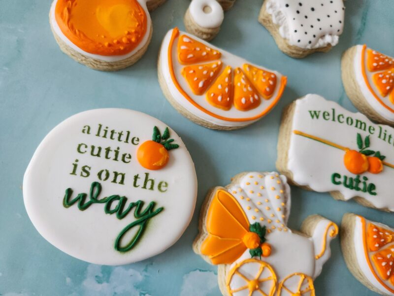 Mommy to be little cutie  on the way baby shower gender neutral reveal party boy or girl orange fruit color baby carriage cookies oranges - Image 3
