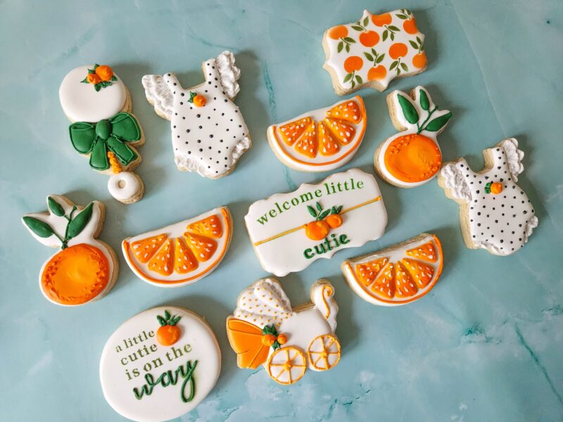 Mommy to be little cutie  on the way baby shower gender neutral reveal party boy or girl orange fruit color baby carriage cookies oranges - Image 4