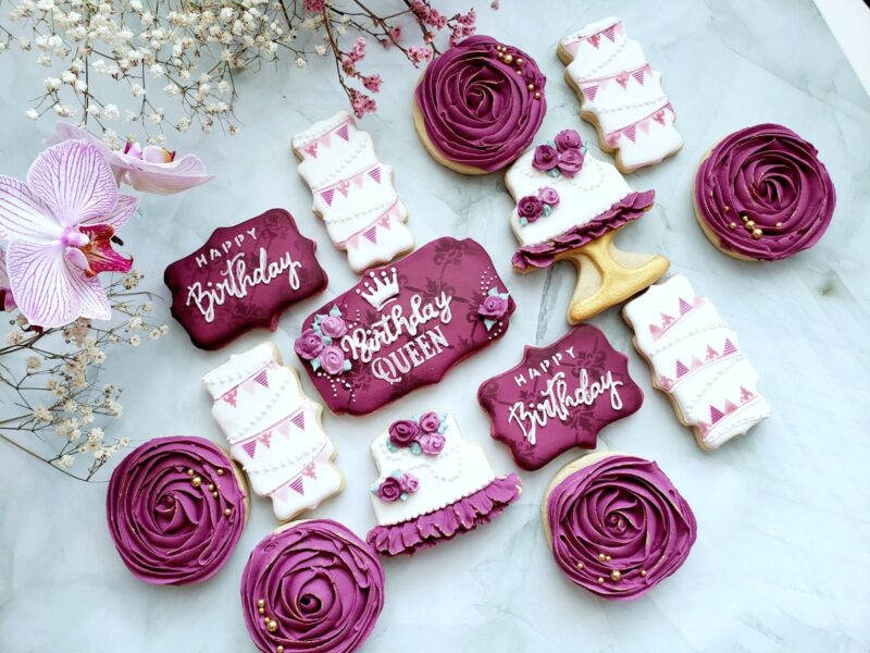 Happy birthday queen shugar cookies  white  purple  floral flower cake on stand gift present to woman girl mother