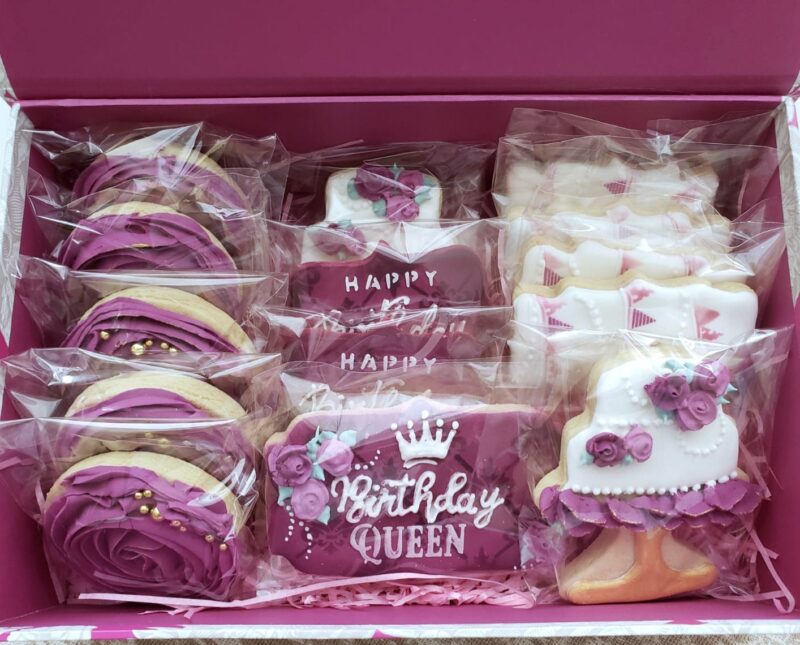 Happy birthday queen shugar cookies  white  purple  floral flower cake on stand gift present to woman girl mother - Image 5