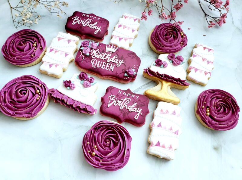 Happy birthday queen shugar cookies  white  purple  floral flower cake on stand gift present to woman girl mother - Image 6