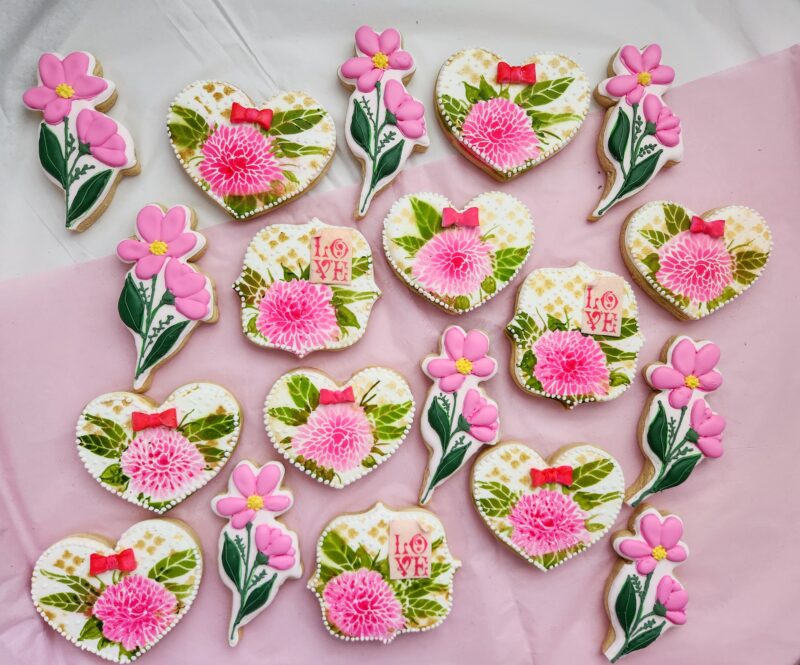 Anniversary  wedding bridal shower day woman shugar cookies pink flower floral heart shape set sweet gift - Image 4