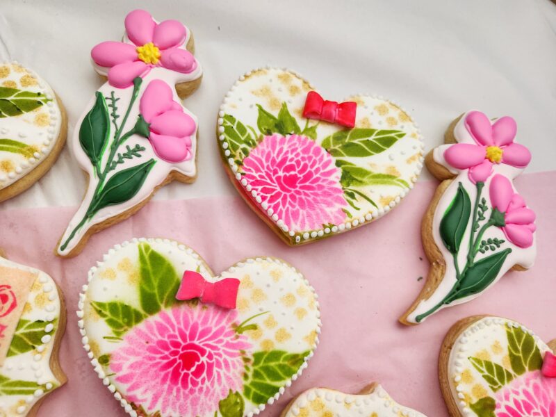 Anniversary  wedding bridal shower day woman shugar cookies pink flower floral heart shape set sweet gift