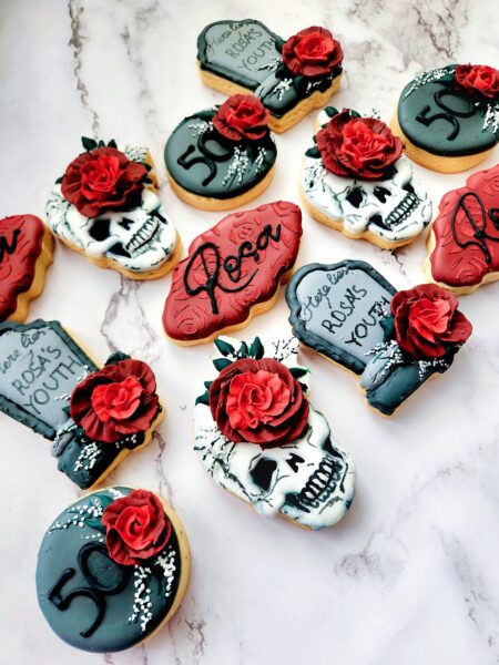 Funny anniversary cookies birthday cokie skull with roses tomb helloween classy personalized