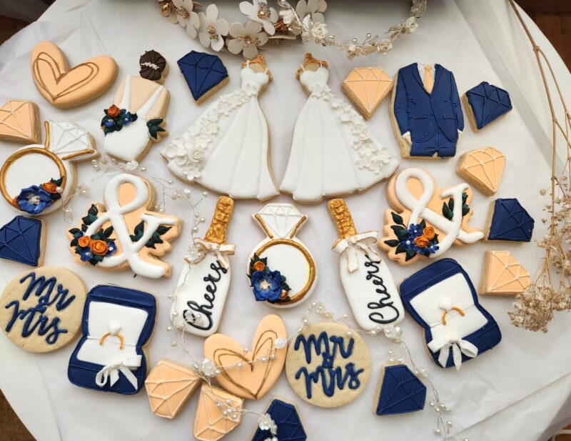 Wedding decorated cookies engagement cookie bridsmade custom personalized white blue  dress suit ring box  flower floral Bachelorette - Image 3