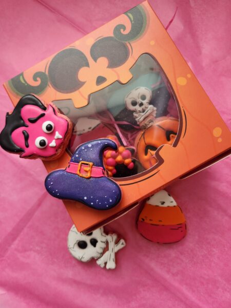 Pink orange fun cute helloween cookies decorated  ghost pumpkin skeleton bat  set of cookies in a box