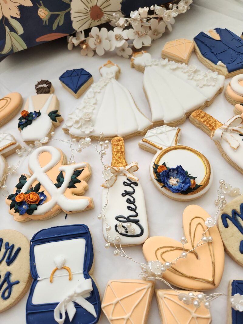Wedding decorated cookies engagement cookie bridsmade custom personalized white blue  dress suit ring box  flower floral Bachelorette