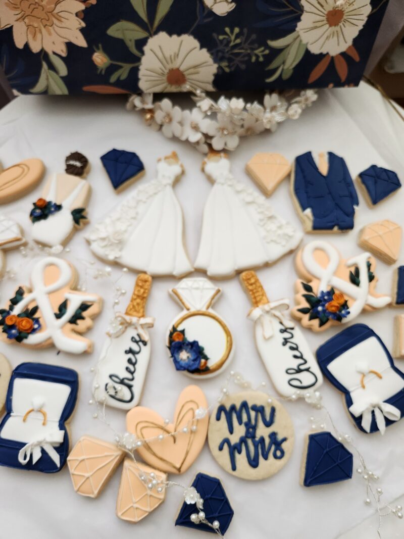 Wedding decorated cookies engagement cookie bridsmade custom personalized white blue  dress suit ring box  flower floral Bachelorette - Image 2