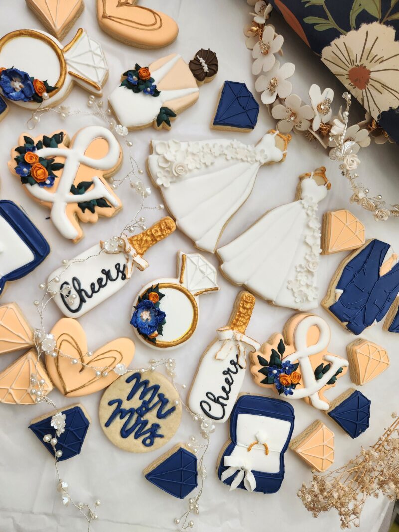 Wedding decorated cookies engagement cookie bridsmade custom personalized white blue  dress suit ring box  flower floral Bachelorette - Image 4