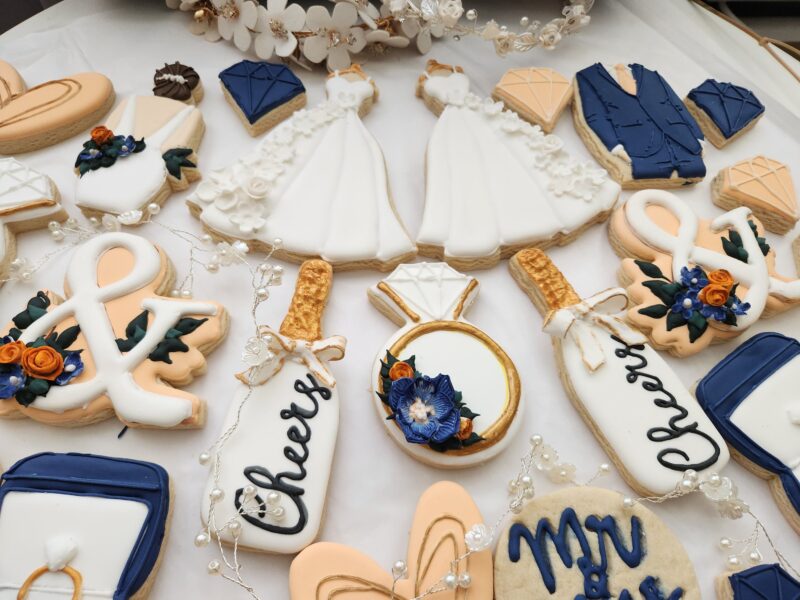 Wedding decorated cookies engagement cookie bridsmade custom personalized white blue  dress suit ring box  flower floral Bachelorette - Image 5