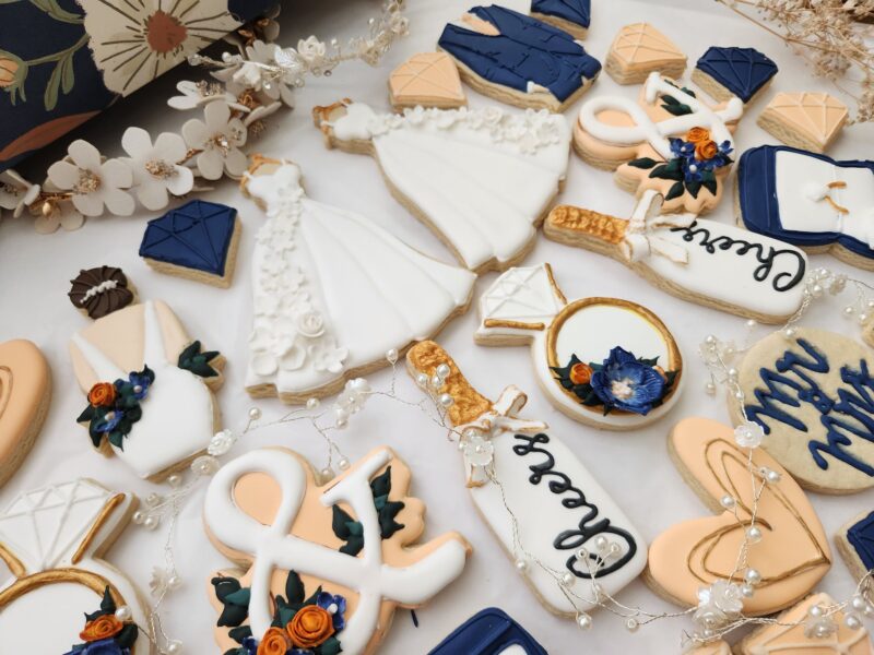 Wedding decorated cookies engagement cookie bridsmade custom personalized white blue  dress suit ring box  flower floral Bachelorette - Image 6