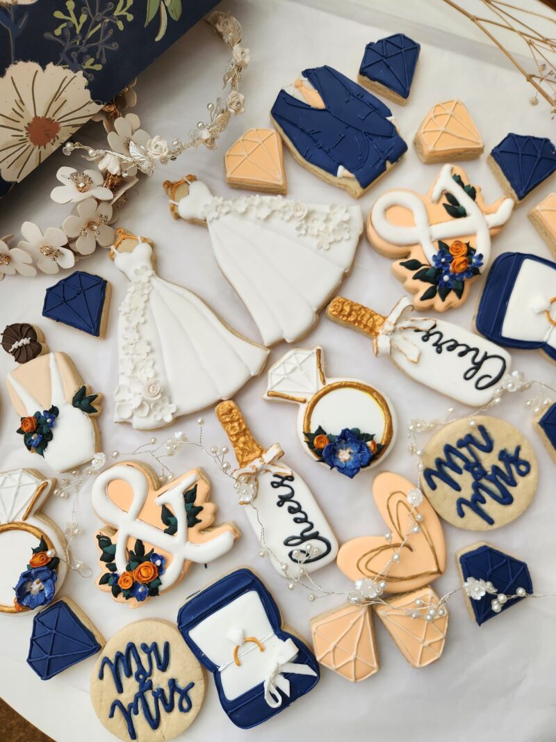 Wedding decorated cookies engagement cookie bridsmade custom personalized white blue  dress suit ring box  flower floral Bachelorette - Image 7