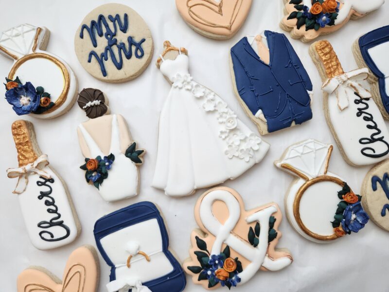 Wedding decorated cookies engagement cookie bridsmade custom personalized white blue  dress suit ring box  flower floral Bachelorette - Image 8
