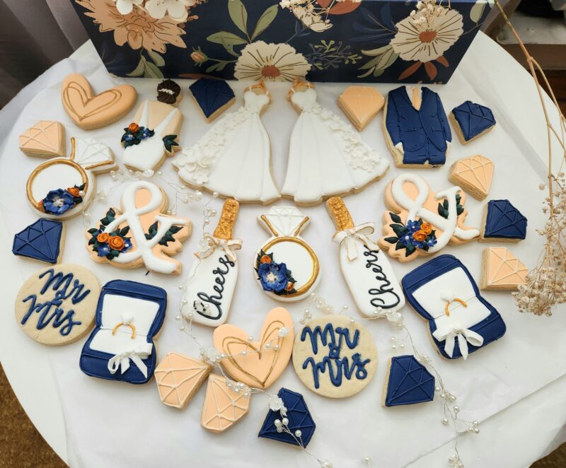Wedding decorated cookies engagement cookie bridsmade custom personalized white blue  dress suit ring box  flower floral Bachelorette - Image 9