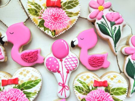 Flamingo birthdayanniversary  wedding bridal shower day woman shugar cookies pink flower floral heart shape set sweet gift