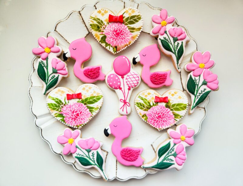 Flamingo birthdayanniversary  wedding bridal shower day woman shugar cookies pink flower floral heart shape set sweet gift - Image 2