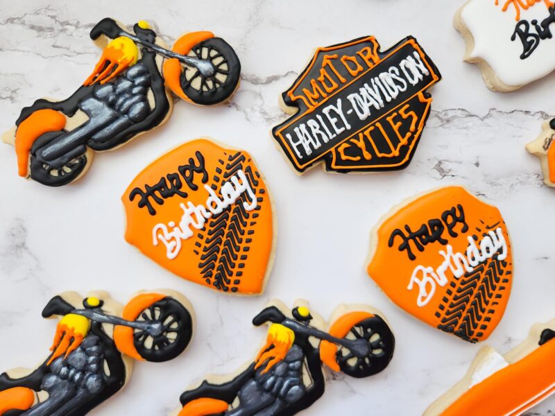 Anniversary birthday Harley Davidson cookies biker harley logo trophy cookie born to ride brown orange color customized personilized cookies - Image 3