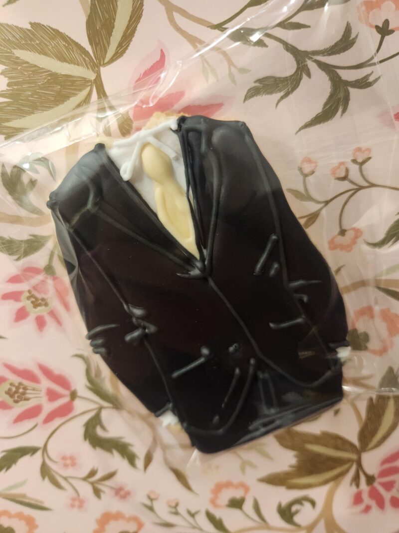 Man's black grey, blue wedding suit cookies. 5 inches engagement party    shugar vanilla custom candy bar - Image 5