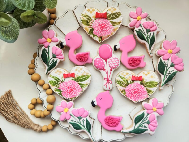 Flamingo birthdayanniversary  wedding bridal shower day woman shugar cookies pink flower floral heart shape set sweet gift - Image 4