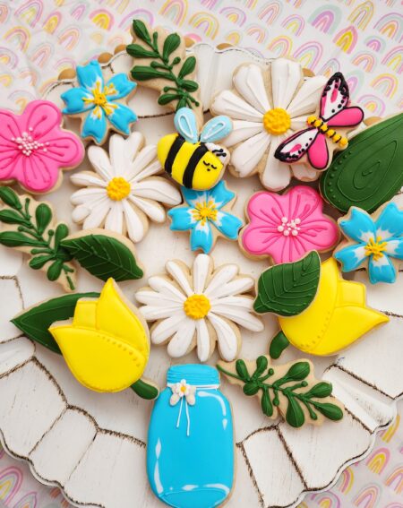 Bouquet of flowers cookies  floral design  summer cookie bouquet in jar bamble bee butterfly moms day woman girl teenager annyversary gift