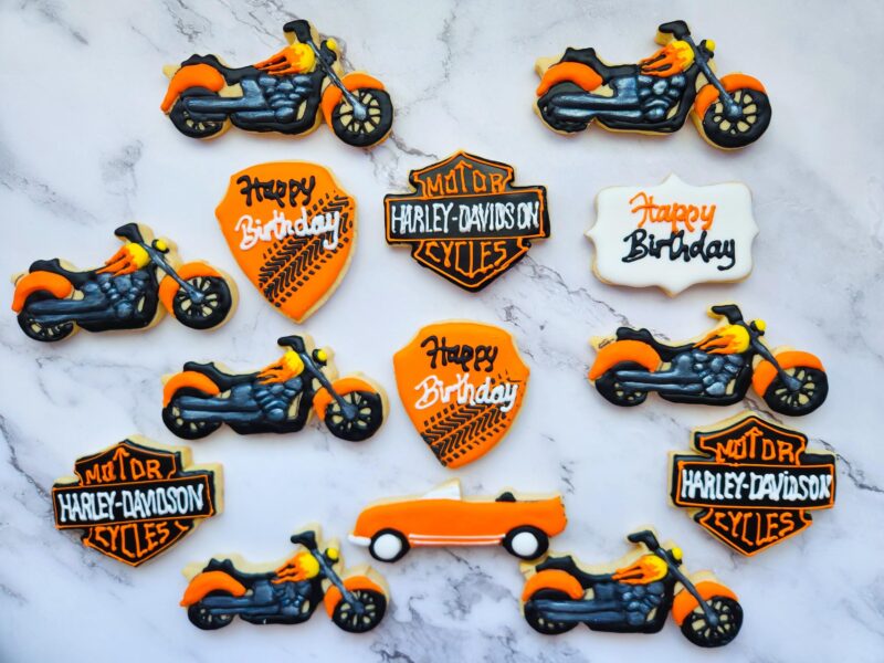 Anniversary birthday Harley Davidson cookies biker harley logo trophy cookie born to ride brown orange color customized personilized cookies