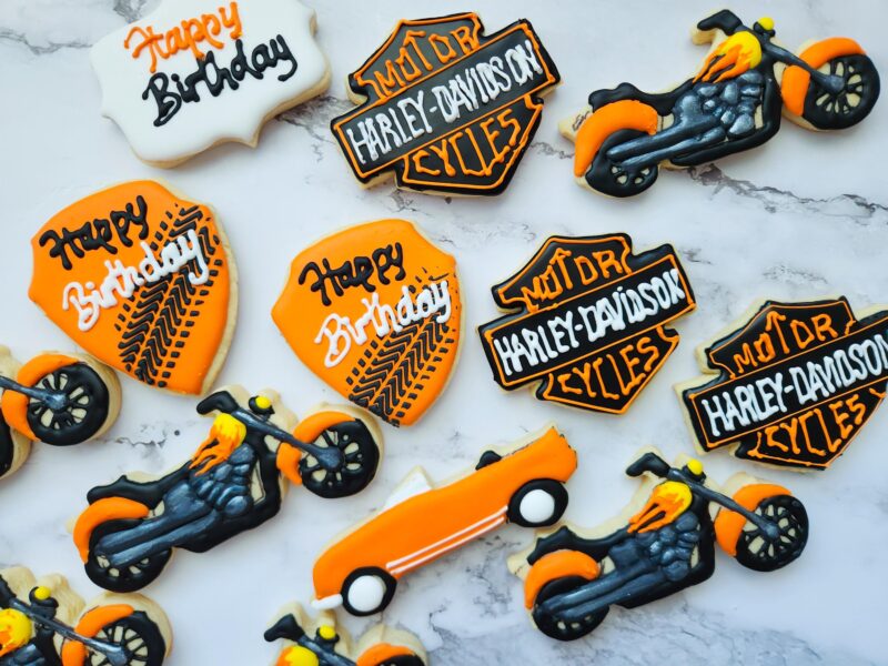 Anniversary birthday Harley Davidson cookies biker harley logo trophy cookie born to ride brown orange color customized personilized cookies - Image 4