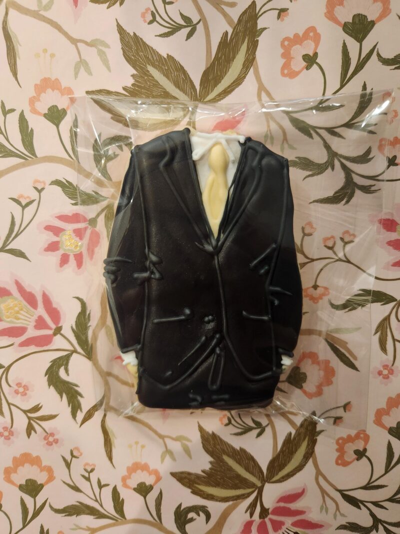 Man's black grey, blue wedding suit cookies. 5 inches engagement party    shugar vanilla custom candy bar - Image 3
