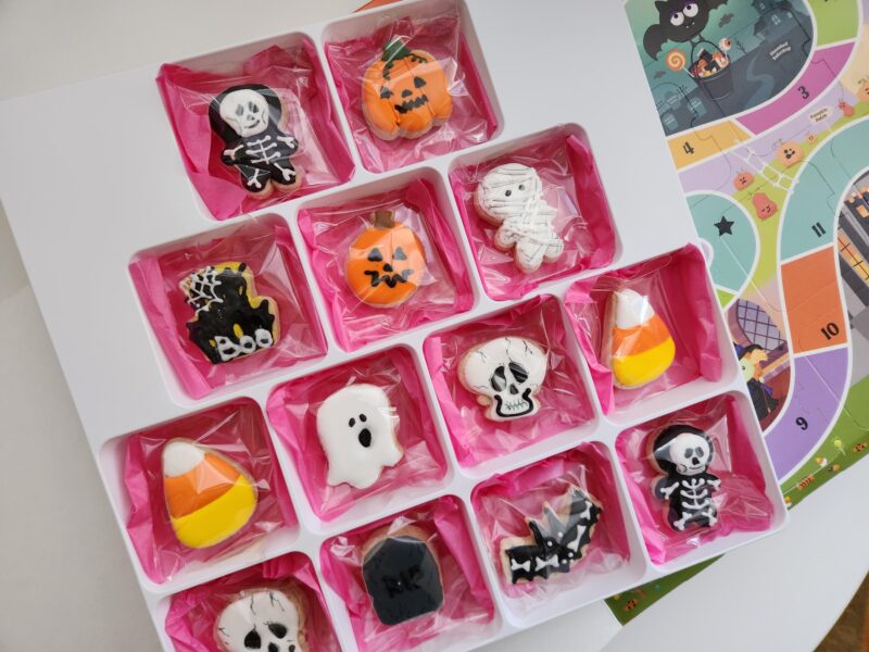 Helloween theme cookies decorated  kids size small one bite cookie ghost pumpkin skeleton 13 mini cookies in a gift play box - Image 5