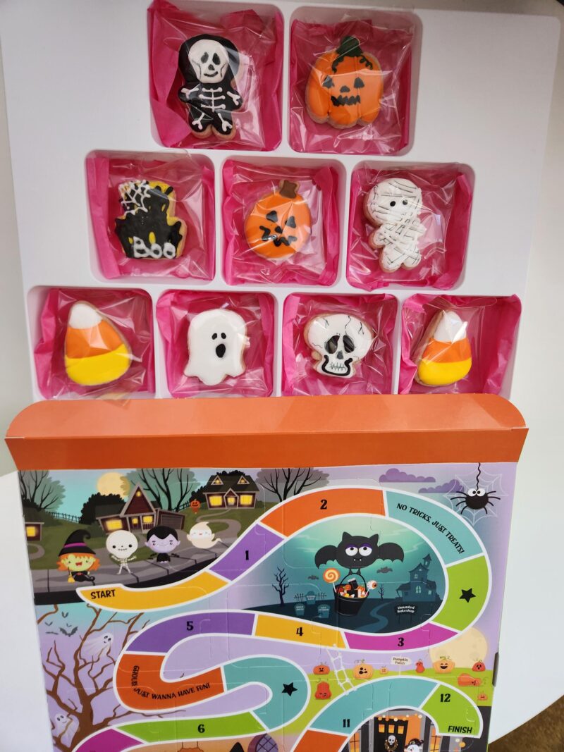 Helloween theme cookies decorated  kids size small one bite cookie ghost pumpkin skeleton 13 mini cookies in a gift play box - Image 2