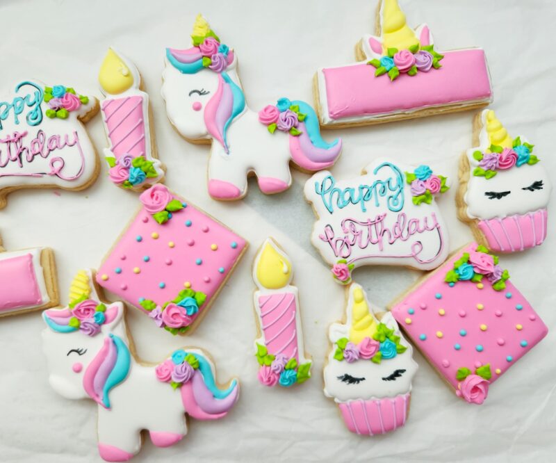 Unicorn birthday anniversary baby shower   baby girl woman shugar cookies pink flower floral unicorn shape set sweet gift - Image 3