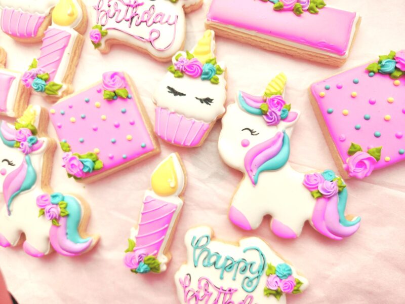 Unicorn birthday anniversary baby shower   baby girl woman shugar cookies pink flower floral unicorn shape set sweet gift - Image 5