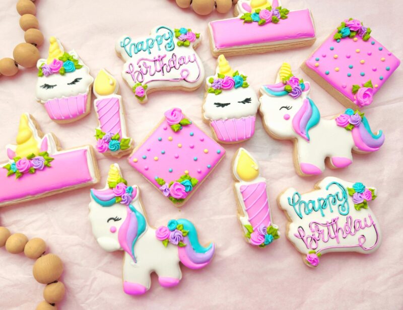 Unicorn birthday anniversary baby shower   baby girl woman shugar cookies pink flower floral unicorn shape set sweet gift - Image 6