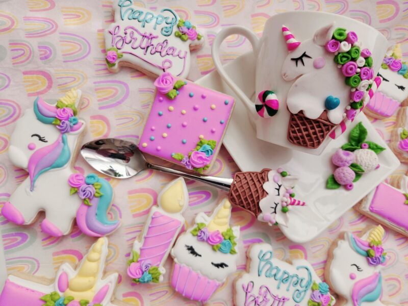 Unicorn birthday anniversary baby shower   baby girl woman shugar cookies pink flower floral unicorn shape set sweet gift - Image 7