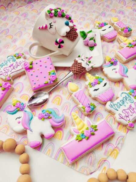 Unicorn birthday anniversary baby shower   baby girl woman shugar cookies pink flower floral unicorn shape set sweet gift