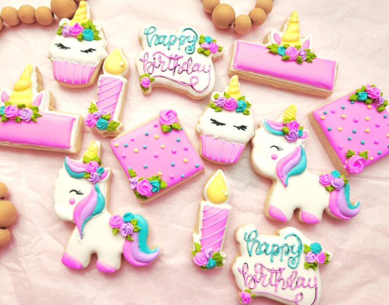 Unicorn birthday anniversary baby shower   baby girl woman shugar cookies pink flower floral unicorn shape set sweet gift - Image 2