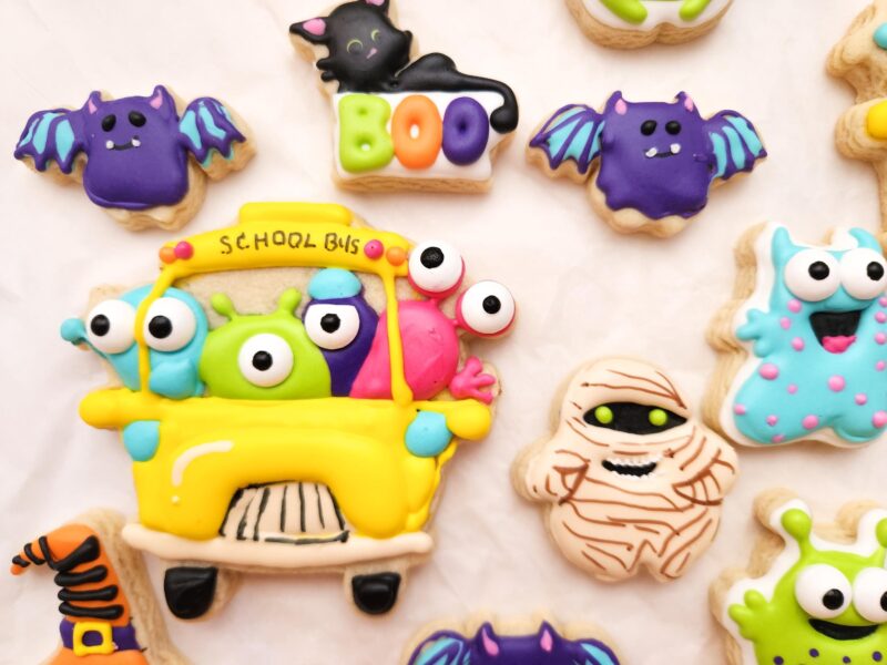 Monster helloween school  cookies decorated  kids size small one bite cookie monsters in a bus bat mummy school bus mini cookies in a box - Image 2