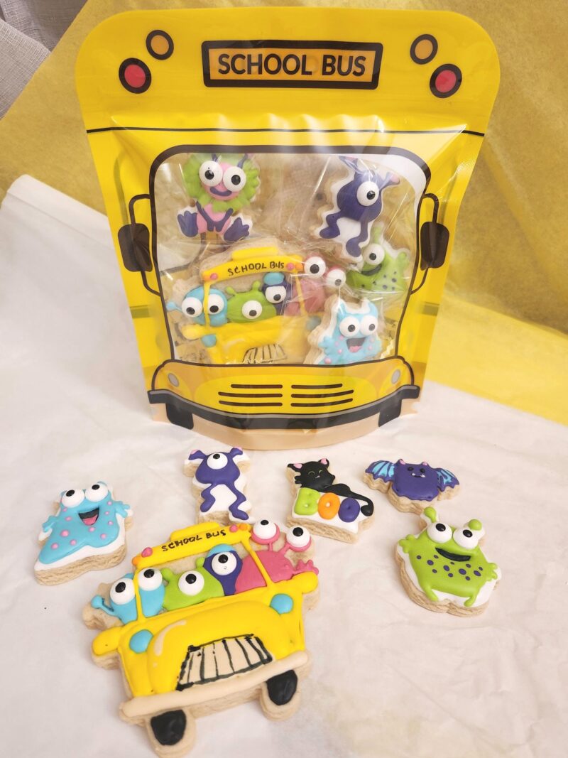 Monster helloween school  cookies decorated  kids size small one bite cookie monsters in a bus bat mummy school bus mini cookies in a box - Image 3