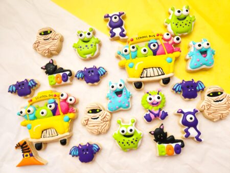 Monster helloween school  cookies decorated  kids size small one bite cookie monsters in a bus bat mummy school bus mini cookies in a box