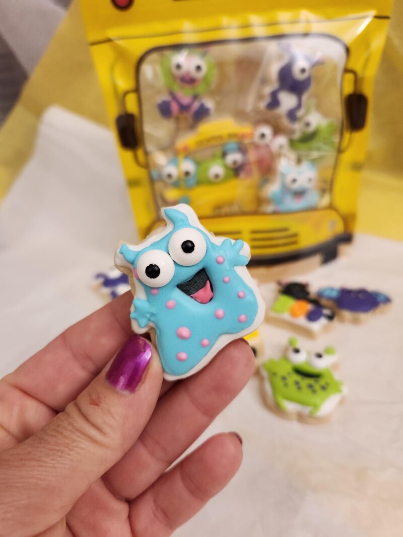 Monster helloween school  cookies decorated  kids size small one bite cookie monsters in a bus bat mummy school bus mini cookies in a box - Image 4