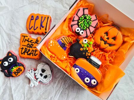 Helloween orange fun cute shugar cookies decorated  pumpkin witch hat black cat trick or treat  set of cookies in a cute box