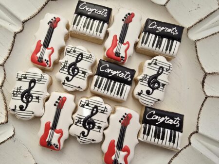 Mini music notes piano guitar shugar cookies 2 inch set red white congrats  congratulations musician gift present best for music teacher